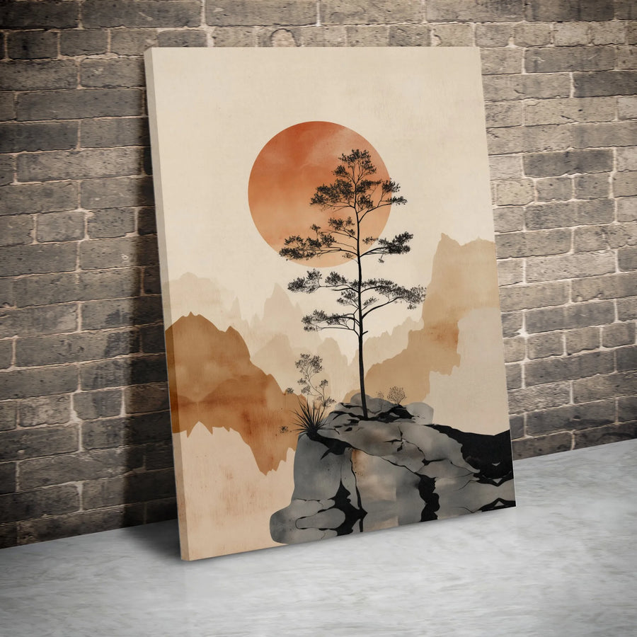 Japanese Zen Canvas Wall Art | Minimalist Pine Tree & Sun Landscape | Premium Gallery Wrapped Canvas | Modern Home & Office Decor Gift