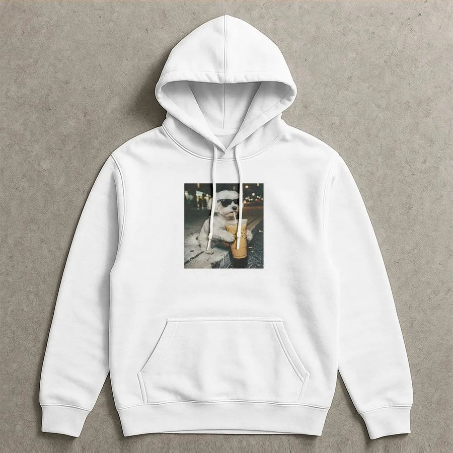 Funny Maltese Dog Hoodie | Dog with Sunglasses Drinking Coffee | Soft Unisex Pullover | Premium Gift for Dog Mom & Coffee Lover