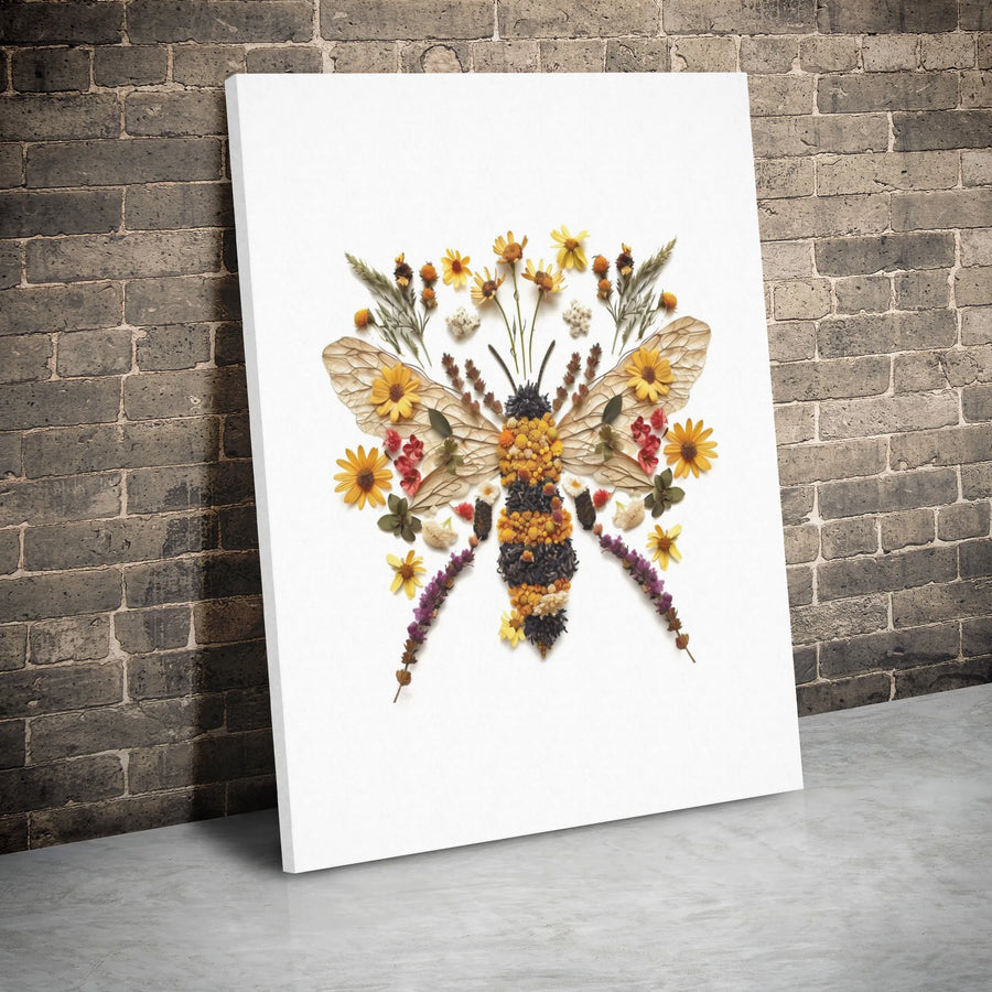 Pressed Flower Bee Canvas Wall Art | Botanical Honeybee Floral Print | 1.25-Inch Gallery Wrap | Nature-Inspired Home Decor Gift