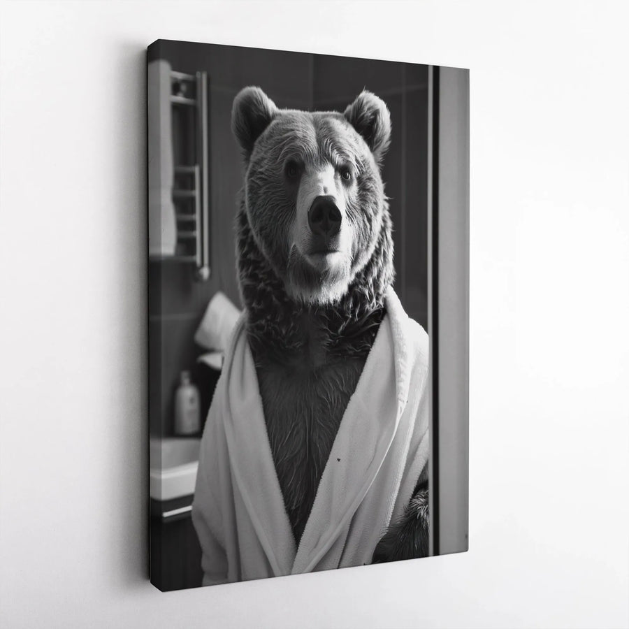 Bear in Bathrobe Vertical Canvas | Quirky Black and White Animal Photography | Premium Thick Gallery Wrap | Funny Bathroom Wall Art & Unique Housewarming Gift