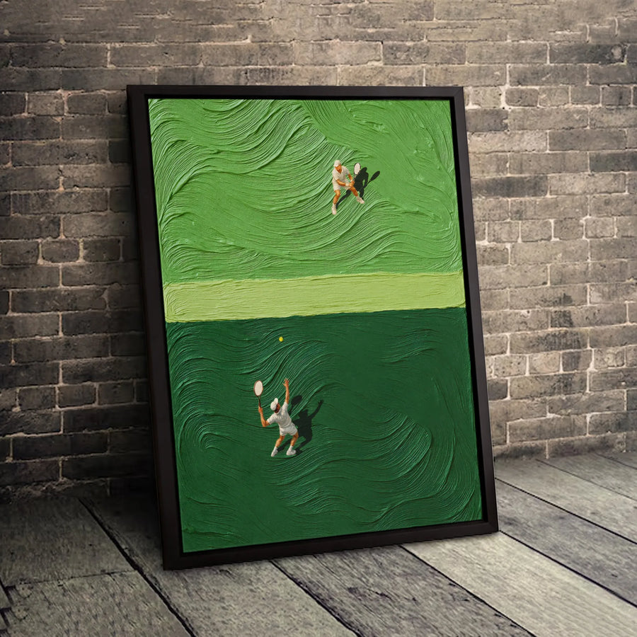 Tennis Match Canvas Wall Art | Textured Green Court Painting | Premium Gallery-Wrapped Print | Modern Sports Decor for Tennis Lovers