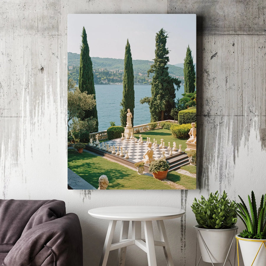 Italian Garden Chessboard Canvas Wall Art | Lakeside Estate Scenery | Premium Gallery Wrap Print | Elegant Home Office Decor Gift
