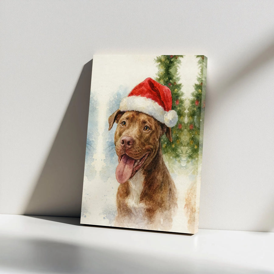Pit Bull Wall Art | Watercolor Christmas Dog in Santa Hat | Premium Gallery Wrapped Canvas | Holiday Pet Lover Gift Decor