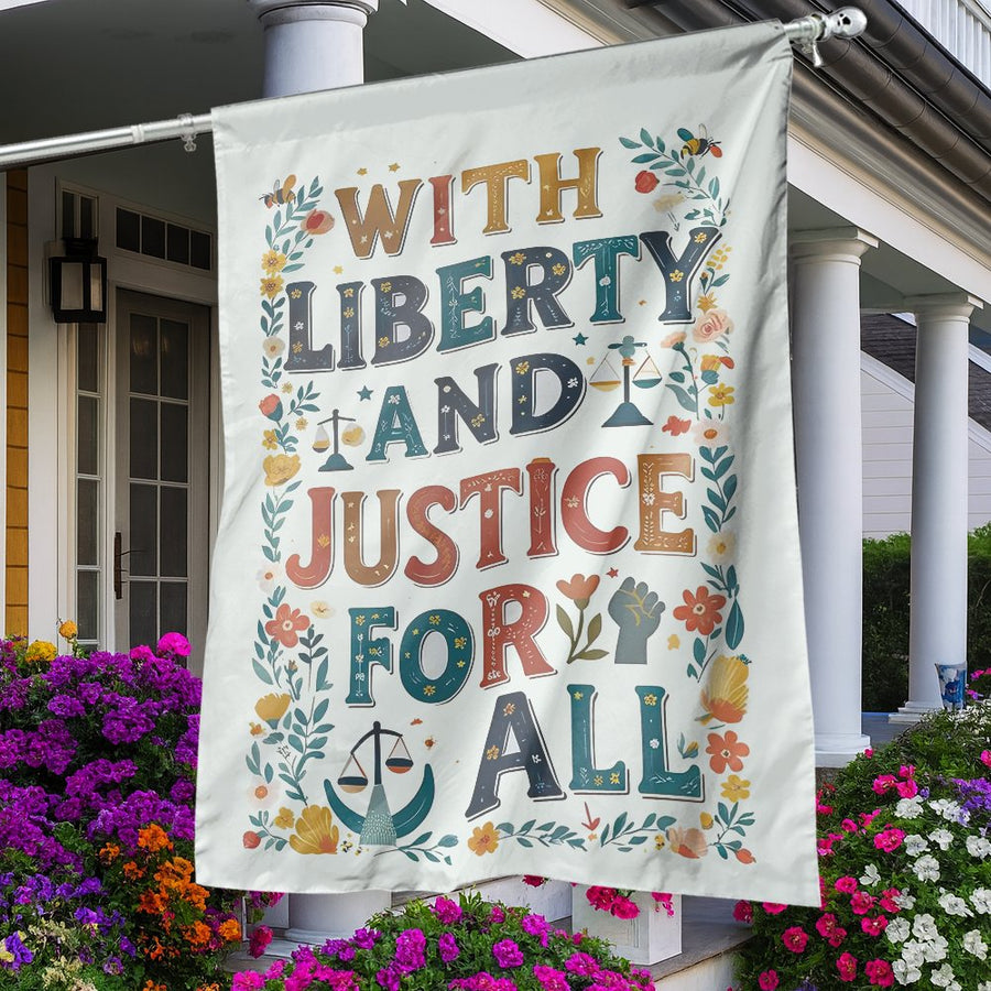 With Liberty And Justice For All Flag | Floral Social Justice Garden Decor | Durable Weather-Resistant Polyester | Patriotic Equality House Gift