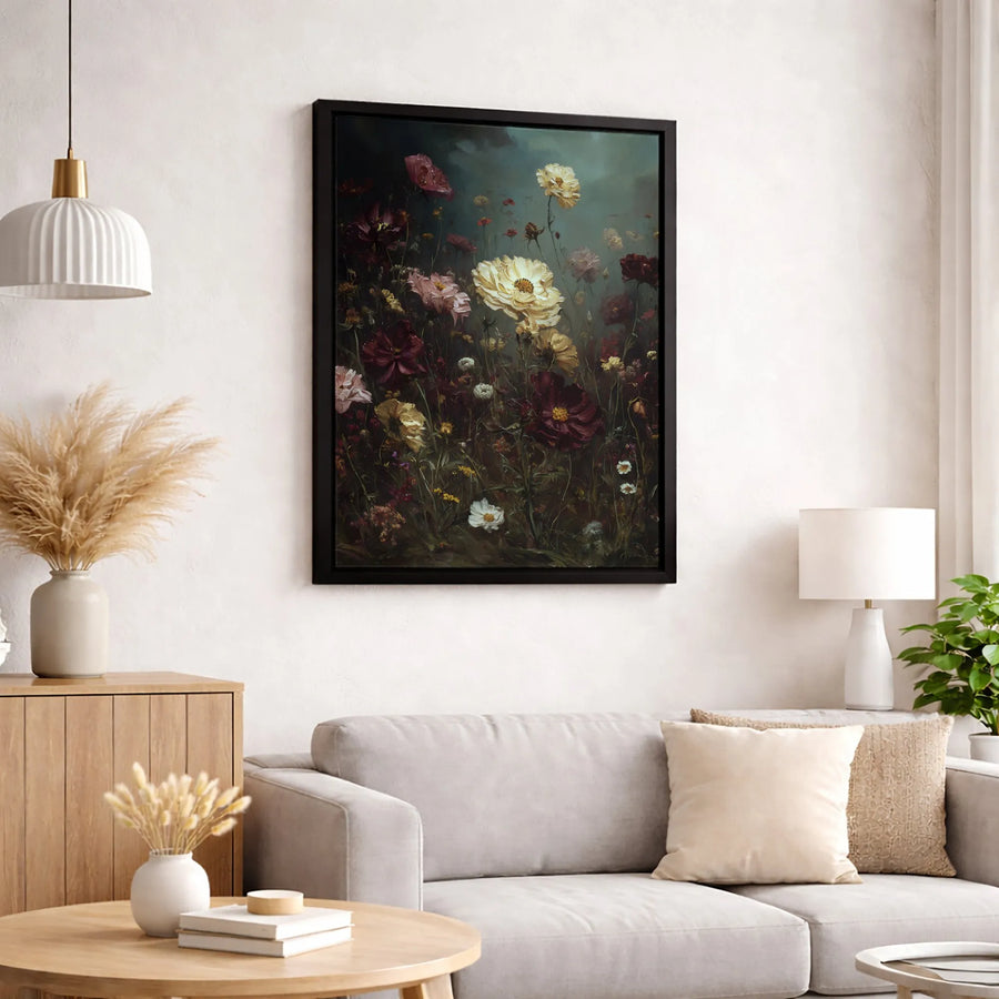 Moody Wildflower Field Canvas Print | Dark Botanical Floral Wall Art | Premium Fade-Resistant Gallery Wrap | Elegant Home Office Decor Gift