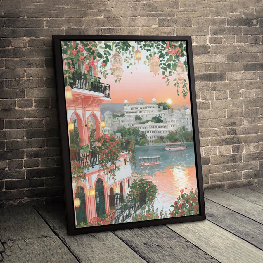 Udaipur Lake Palace Canvas Print | Sunset Floral Balcony Wall Art | Gallery Quality 1.25 Inch Thick | Travel Inspired Home Decor Gift
