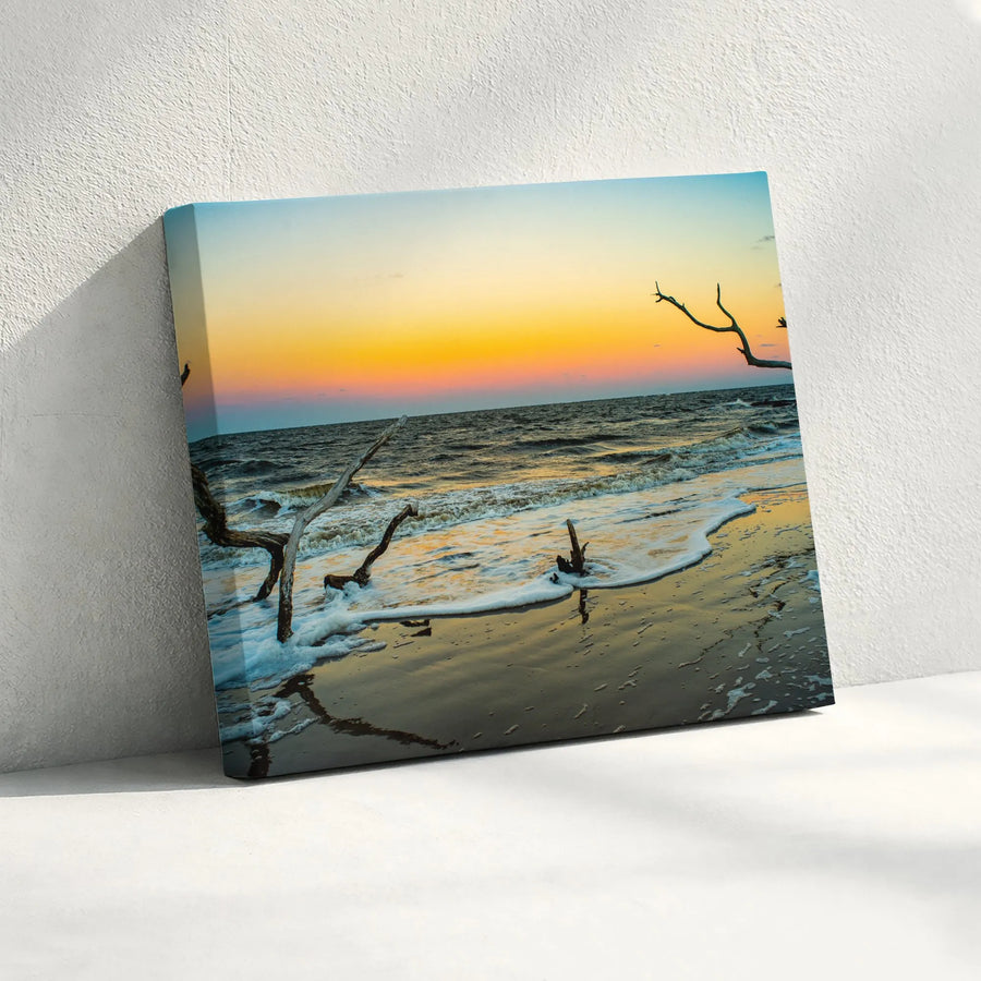 Coastal Beach Sunset Driftwood Horizontal Canvas | Boneyard Ocean Wave Landscape Print | Premium 1.25” Gallery Wrap, Fade-Resistant | Modern Living Room Decor, Nature Lover Gift
