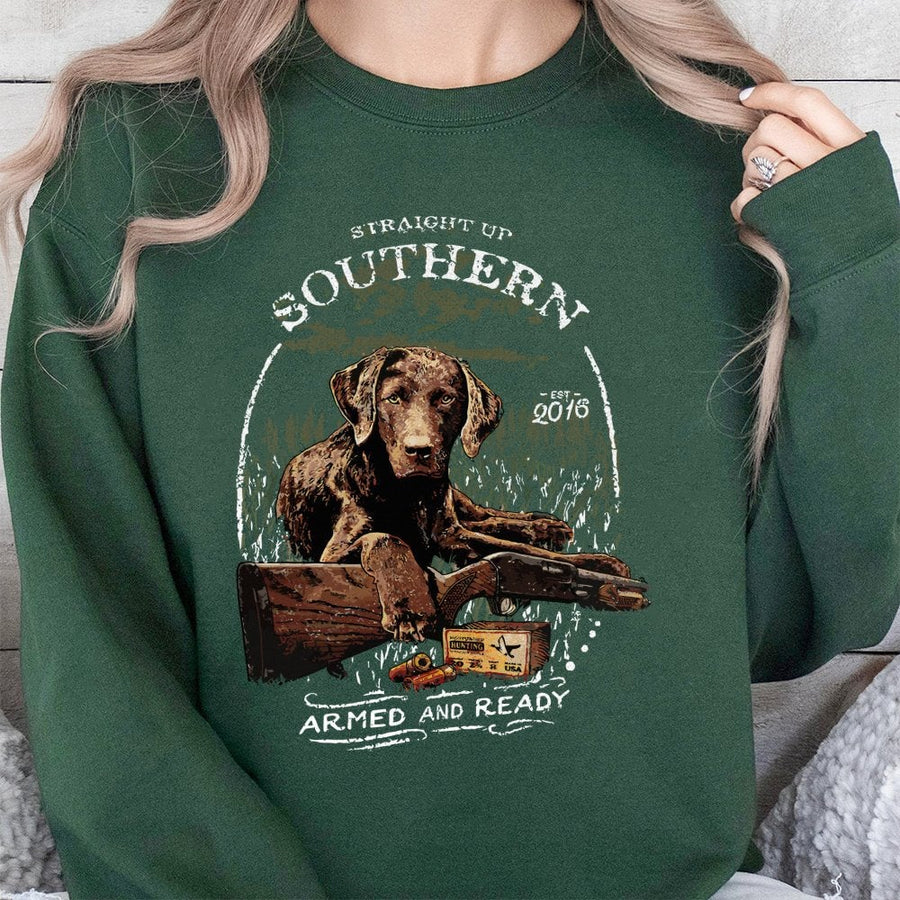 Chocolate Lab Hunting Sweatshirt | Vintage Country Outdoor Graphic | Premium Cotton Blend Crewneck | Gift For Hunter And Dog Lovers