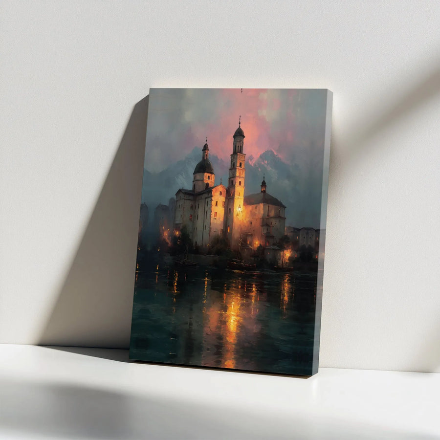 Old World Monastery Canvas Wall Art | Romantic European Landscape Sunset | Premium 1.25" Gallery Wrap | Scenic Living Room Decor Gift
