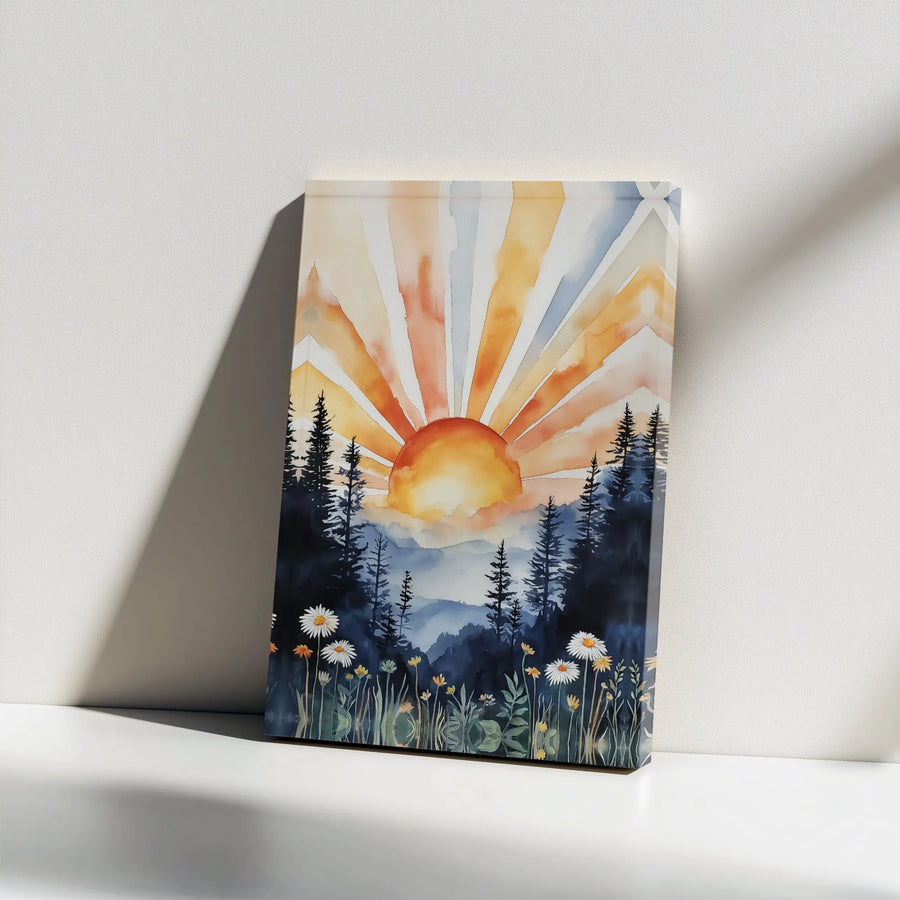Watercolor Sunrise Forest Canvas Art | Mountain Wildflower Meadow Print | Premium Gallery Wrap Wall Decor | Nature Lovers Gift For Home