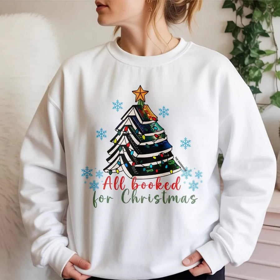 All Booked For Christmas Sweatshirt | Book Tree Festive Reader Graphic | Cozy Cotton Blend Unisex Crewneck | Perfect Gift For Bookworms & Librarians