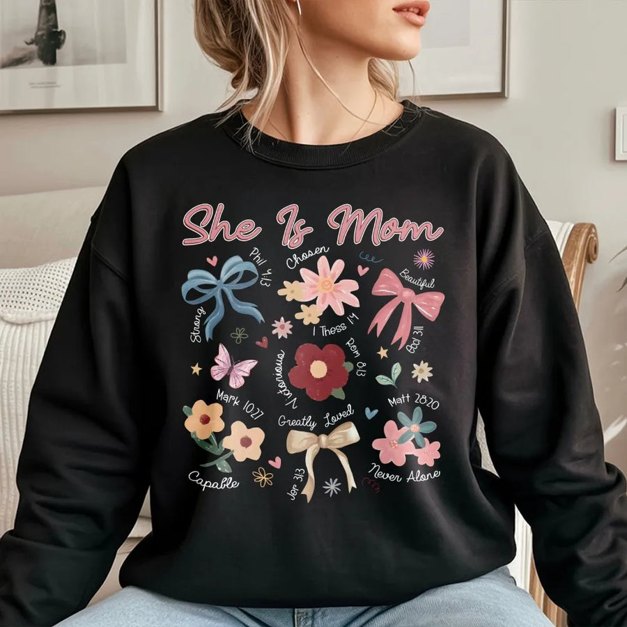 She Is Mom Sweatshirt | Boho Floral Christian Scripture Design | Premium Cotton-Blend | Meaningful Mother's Day 2026 Gift for Christian Women
