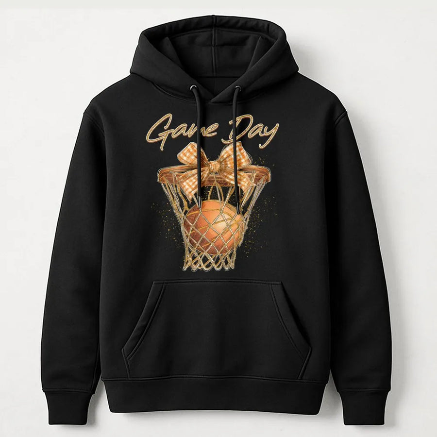Game Day Basketball Hoodie | Coquette Gingham Bow Aesthetic | Premium Cotton Blend | Gift for Basketball Moms and Sports Fans