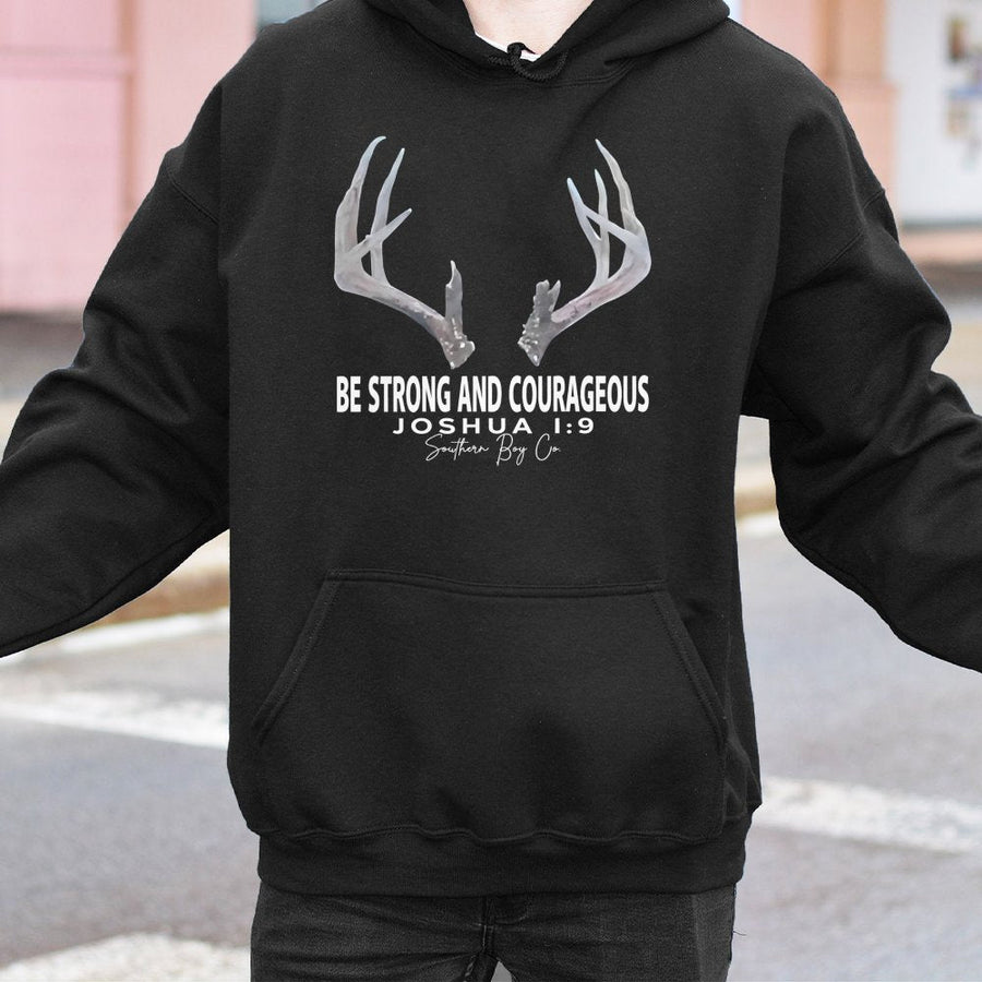 Joshua 1:9 Hoodie | Be Strong And Courageous Deer Antler Graphic | Premium Cotton Blend Unisex Sweatshirt | Christian Faith Gift For Hunters