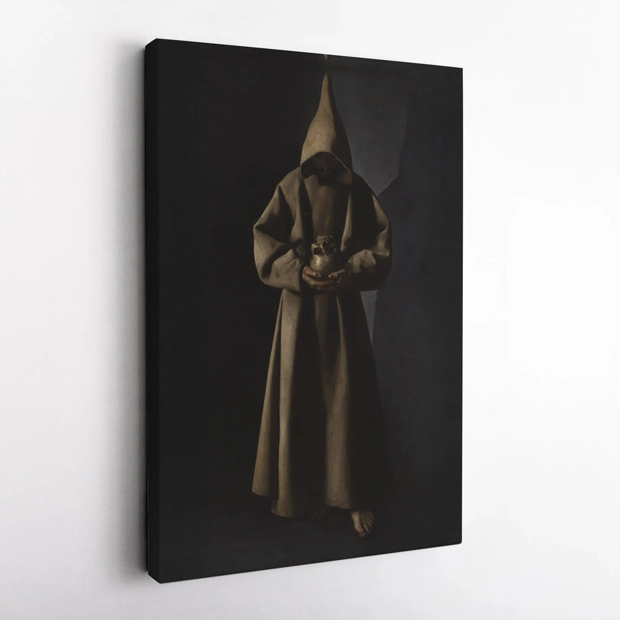 Dark Academia Monk Canvas Wall Art | Gothic Hooded Figure Holding Skull | Premium Gallery Wrap Decor | Moody Spiritual Gift for Home Office