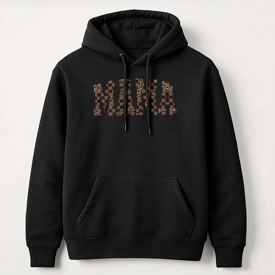 Mama Hoodie Leopard Print | Checkerboard Graphic Lettering | Premium Cotton Blend | Mother's Day 2026 Gift for Mom Wife