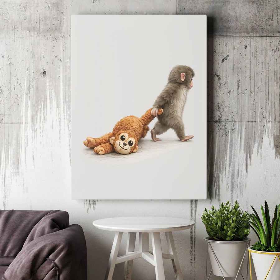 Baby Monkey Canvas Wall Art | Cute Monkey Dragging Stuffed Toy | Premium Fade-Resistant Print | Whimsical Nursery Decor Gift