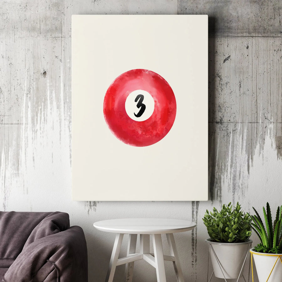 Number 3 Billiard Ball Wall Art | Watercolor Red Pool Ball Print | Gallery-Quality 1.25 Inch Canvas | Sports Decor for Game Room or Office