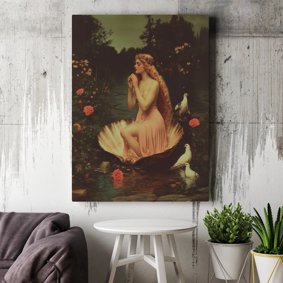 Venus On A Seashell Canvas Wall Art | Romantic Renaissance Revival Painting | Premium Gallery-Wrapped Print | Elegant Bedroom Living Room Decor