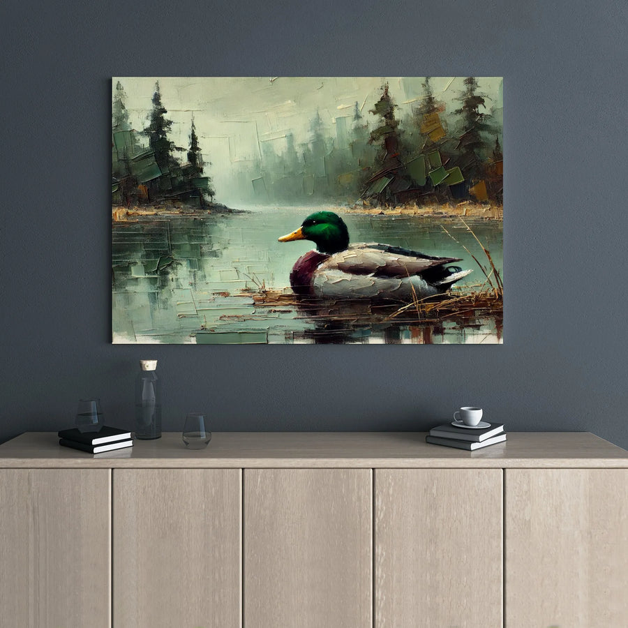 Mallard Duck Canvas Wall Art | Impasto Oil Painting Style Print | 1.25-Inch Gallery Wrap Frame | Rustic Lodge Decor for Nature Lovers