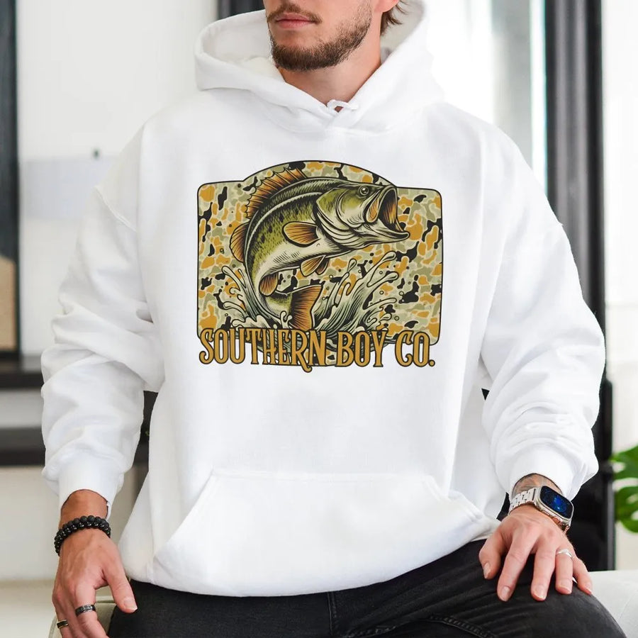 Bass Fishing Hoodie | Vintage Camo Graphic Print | Premium Cotton Blend | Gift for Anglers and Outdoorsmen