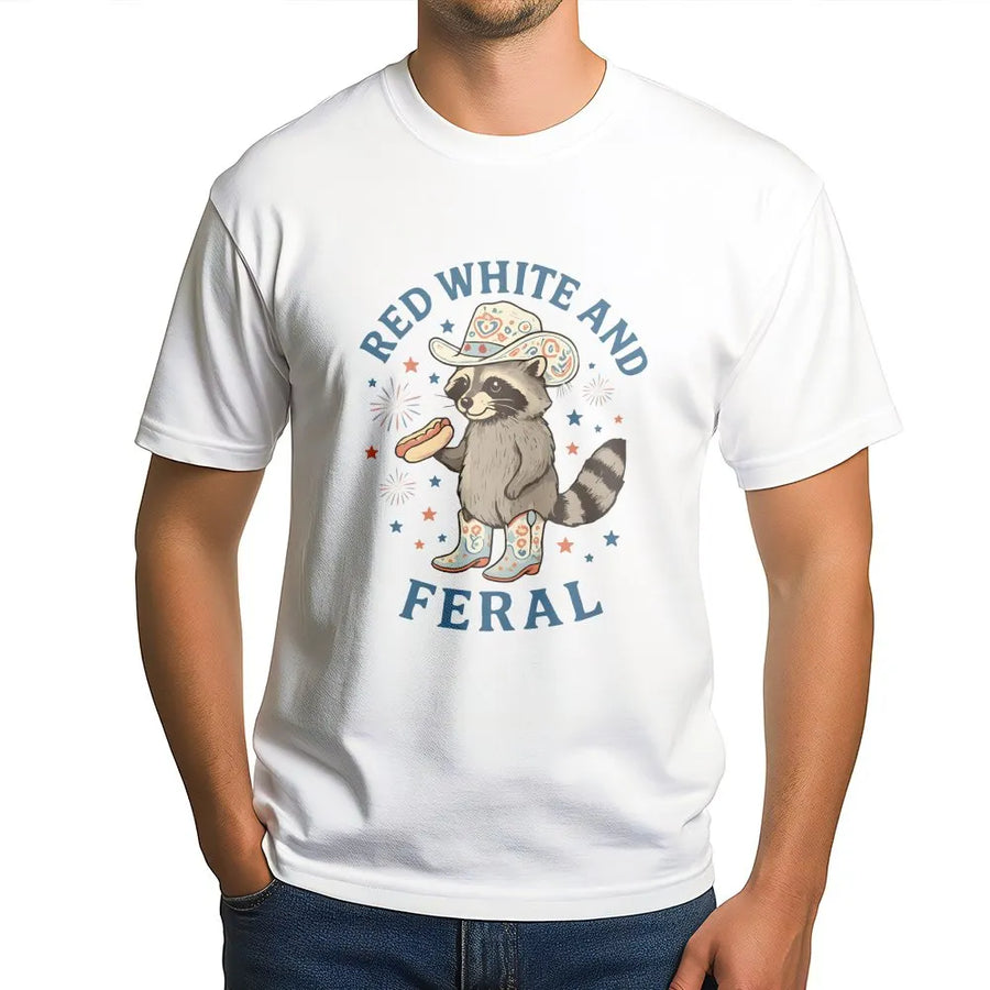 Funny 4th of July Raccoon T-Shirt | Red White and Feral Graphic Print | Premium Cotton-Blend Sweatshirt | Patriotic Western Gift for Men and Women