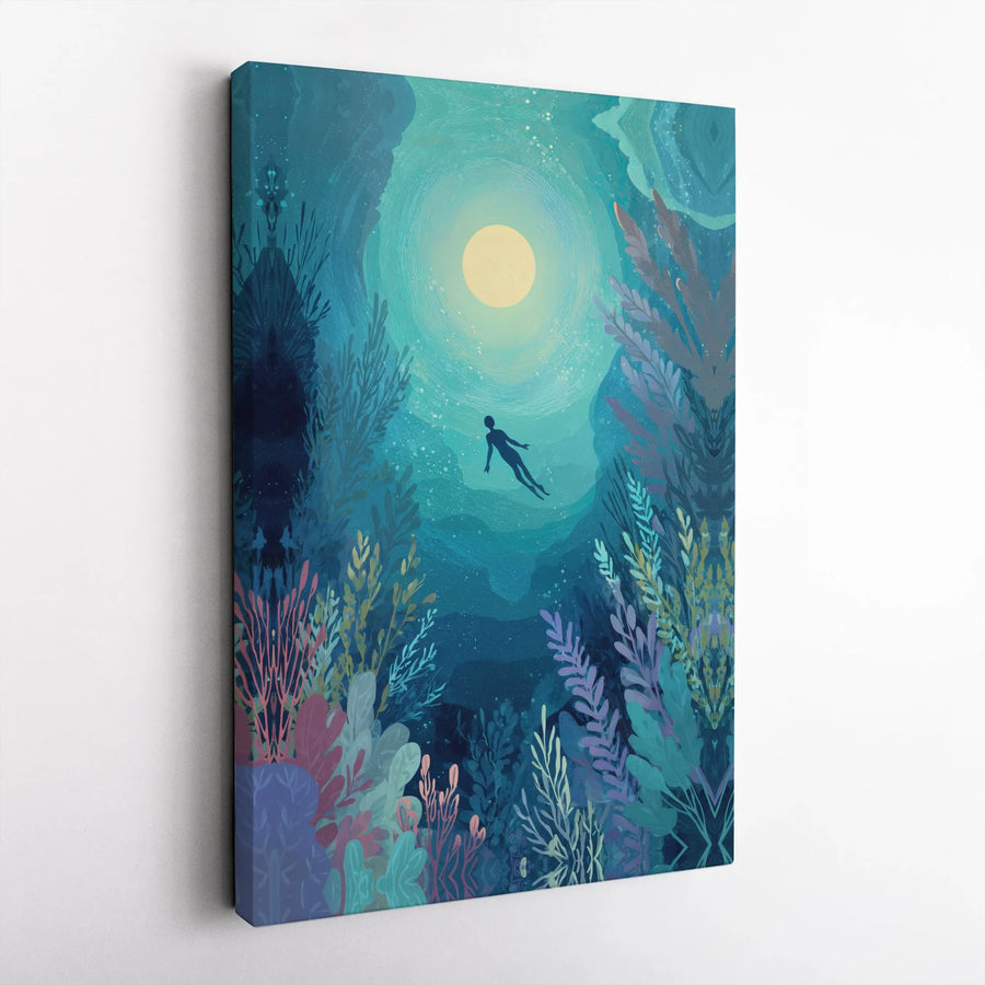 Underwater Dreamscape Canvas Wall Art | Abstract Swimmer & Coral Reef Illustration | Premium Gallery Wrapped Canvas | Modern Home Decor Gift