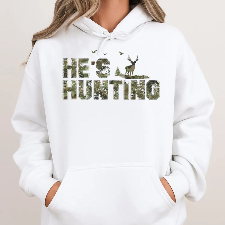 He's Hunting Hoodie | Camo Deer Text Design | Premium Cotton Blend | Gift for Hunter Wife or Girlfriend