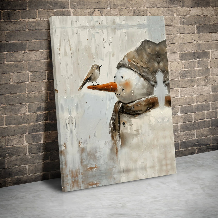 Snowman With Bird Canvas Print | Whimsical Winter Wonderland Wall Art | Premium Fade-Resistant Gallery Wrap | Festive Holiday Home Decor Gift