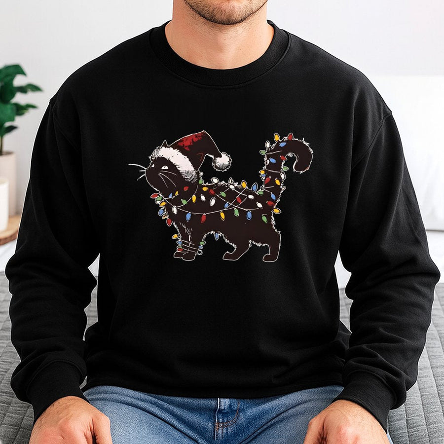 Cat Christmas Sweatshirt | Funny Black Cat In Holiday Lights Design | Soft Cotton Blend Fleece | Gift For Cat Lovers & Cat Moms