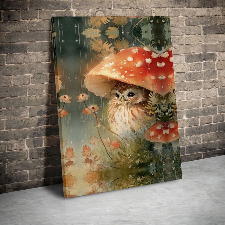 Whimsical Owl Canvas Print | Watercolor Woodland Animal Art Under Mushroom | Premium Canvas | Nursery Decor & Forest Theme Gift