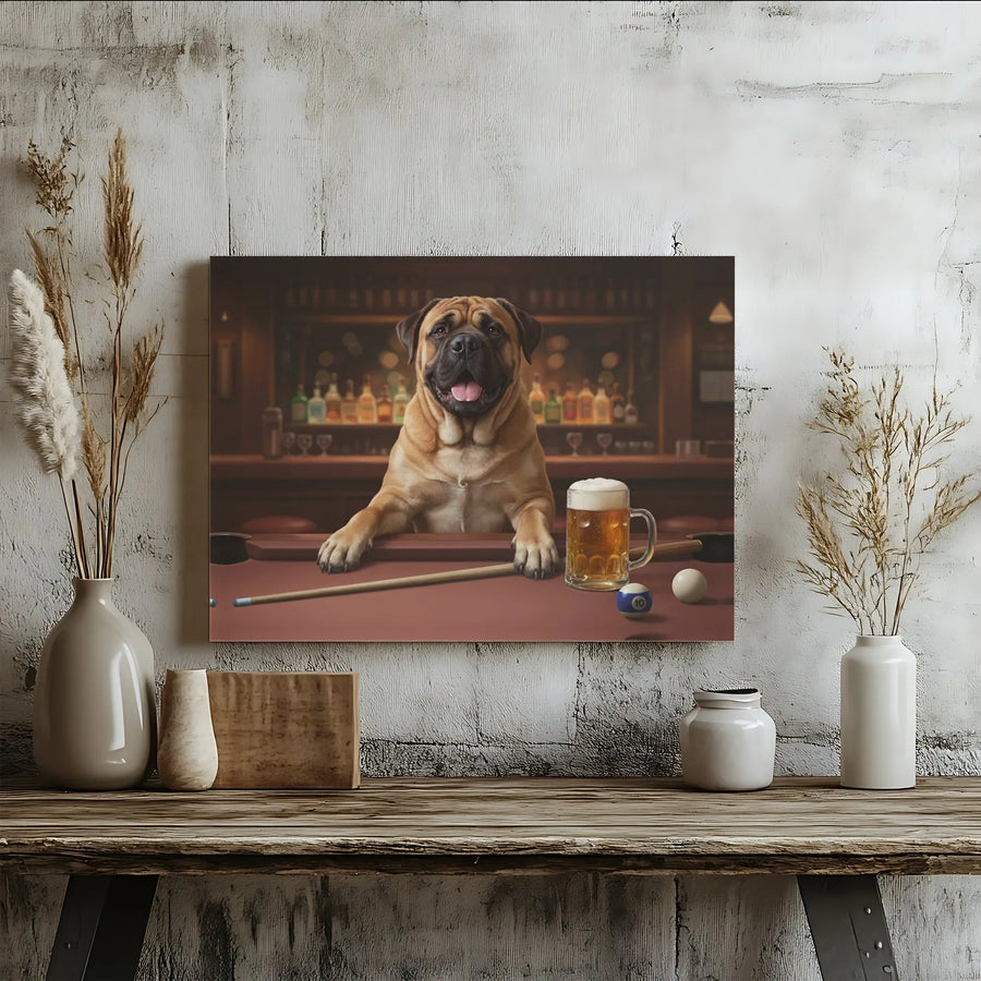 Bullmastiff Playing Pool Canvas | Funny Dog Drinking Beer Bar Art | Premium Gallery Wrapped Print | Unique Man Cave Gift for Dog Lovers