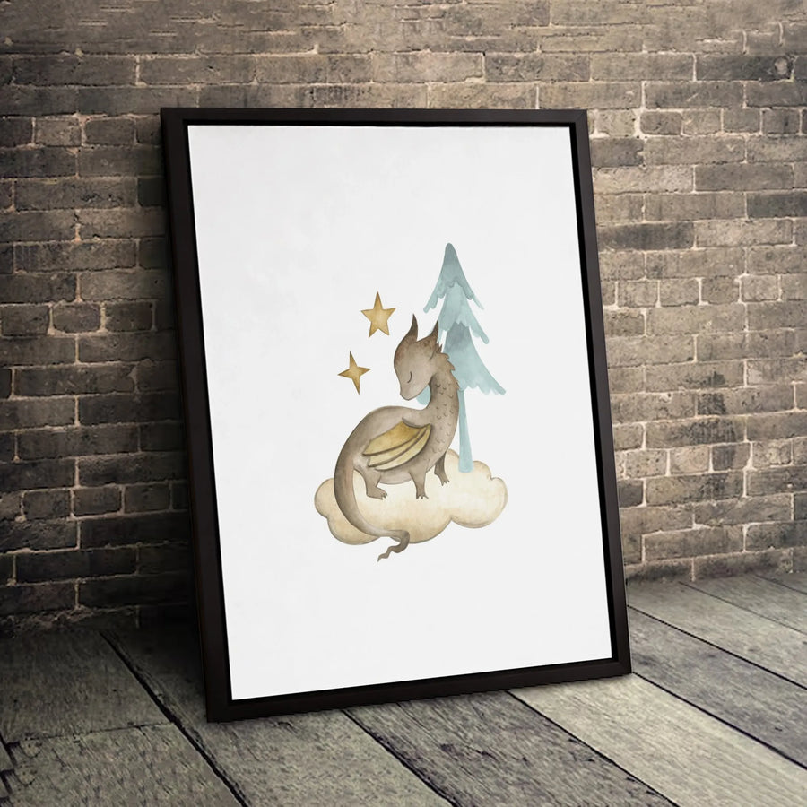 Baby Dragon Wall Art Canvas | Watercolor Sleeping Fantasy Creature | Premium Gallery Wrapped Print | Nursery Decor Gift For Kids