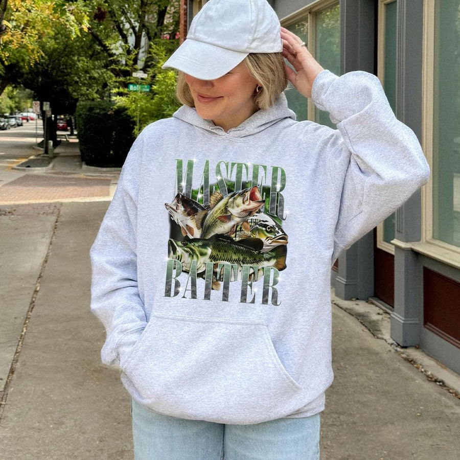 Master Baiter Hoodie | Funny Bass Fishing Graphic Sweatshirt | Premium Cotton Blend | Humorous Gift for Fishermen, Anglers, and Dad