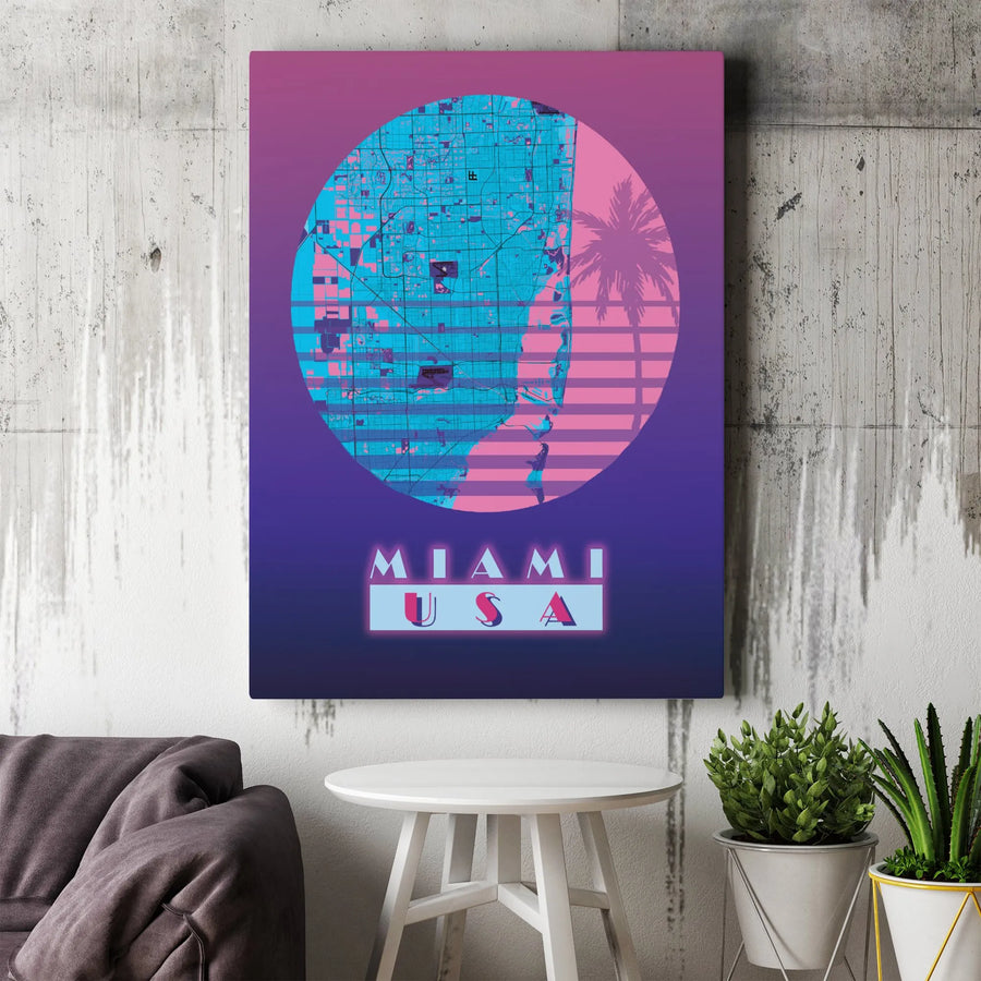 Miami Retro Map Canvas Wall Art | Synthwave 80s Neon Art Print | Premium Gallery Wrapped Canvas | Vaporwave Gamer Room Decor Gift