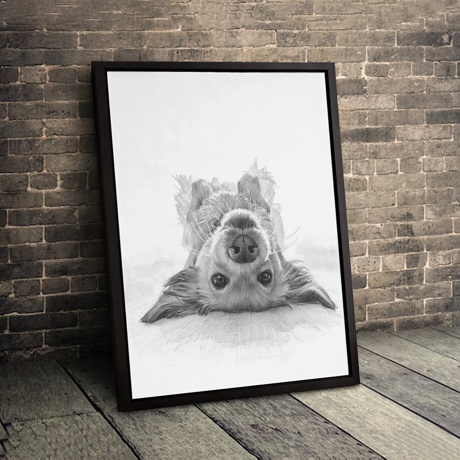 Upside Down Dog Canvas Wall Art | Playful Puppy Pencil Sketch Print | Gallery-Quality 1.25 inch Thick Frame | Cute Pet Lover Home Decor Gift