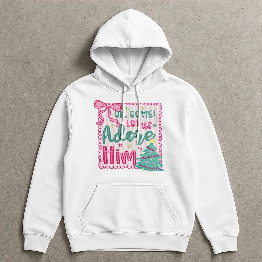 Oh Come Let Us Adore Him Hoodie | Pink Coquette Christmas Graphic | Premium Cotton Blend | Christian Religious Holiday Gift