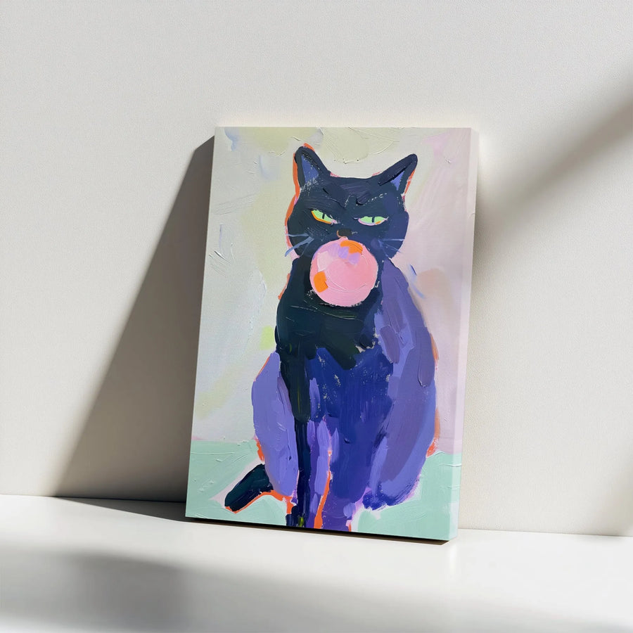 Black Cat Bubble Gum Canvas Wall Art | Funny Moody Animal Painting Print | Thick Gallery Wrap Canvas | Collector's Gift for Cat Lover