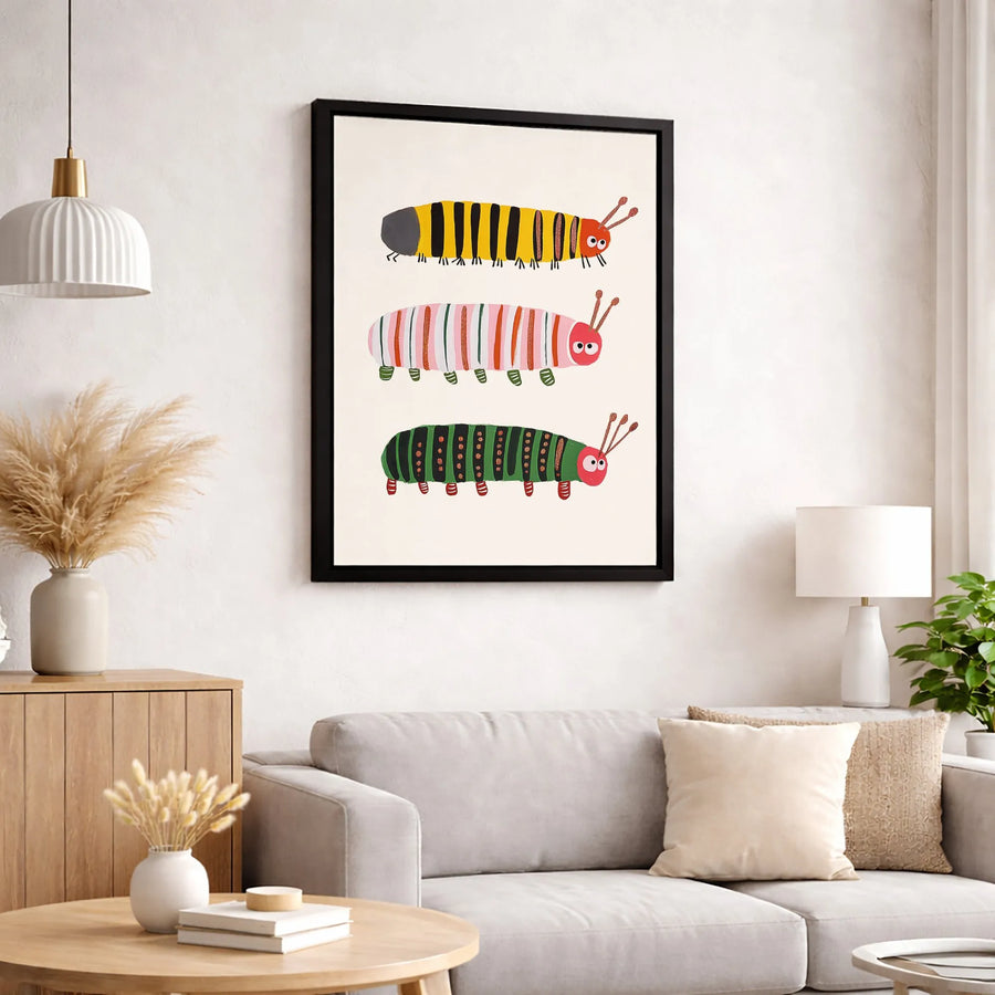Three Colorful Caterpillars Wall Art | Whimsical Nursery Canvas Print | Premium Gallery-Wrapped Decor | Kids Room Wall Decor Gift