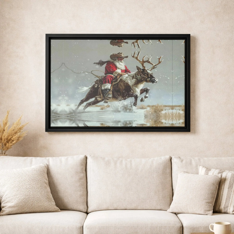 Western Cowboy Santa Claus Canvas Print | Rodeo Reindeer Riding Art | Premium 1.25" Gallery Wrap | Unique Christmas Holiday Wall Decor