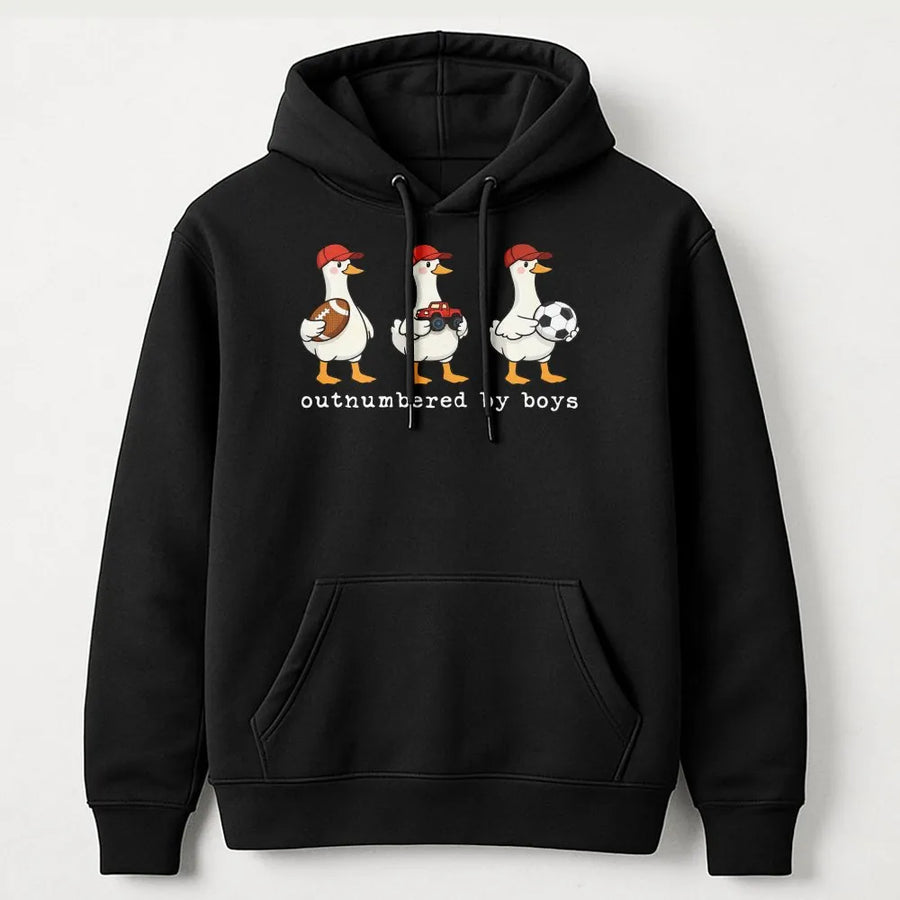 Funny Boy Mom Hoodie | Outnumbered By Boys Goose Graphic | Premium Cotton Blend | Mothers Day Gift for Mama