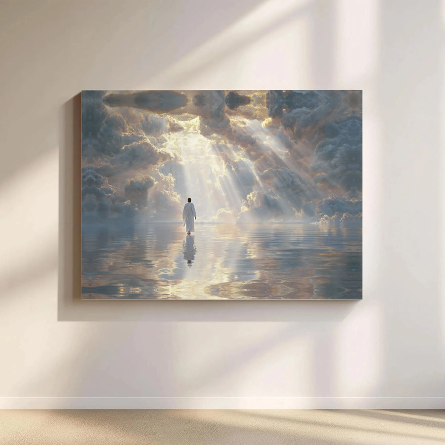 Jesus Walking On Water Canvas | Christian Wall Art With Heavenly Light | Premium Fade-Resistant Print | Spiritual Home Decor Gift