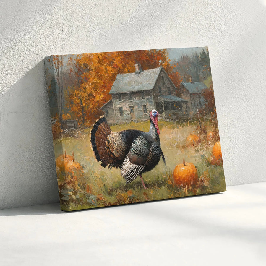 Thanksgiving Farmhouse Canvas Wall Art | Rustic Turkey and Pumpkin Oil Painting | Premium Gallery-Wrapped Print | Fall Home Decor Gift