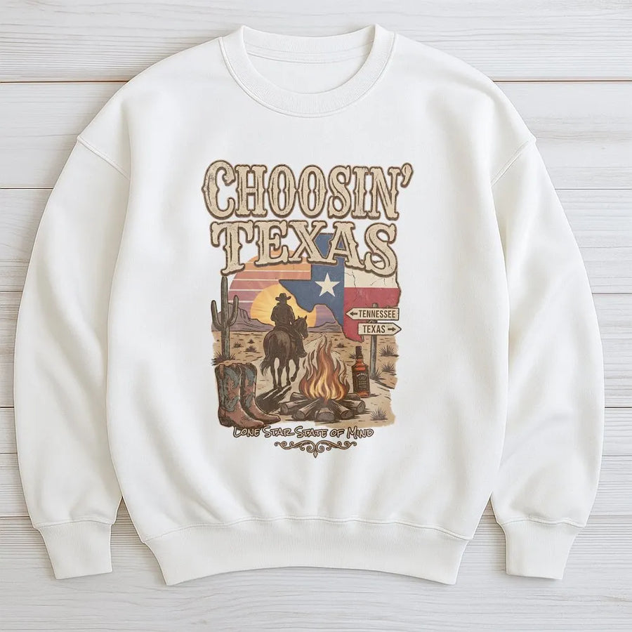 Choosin' Texas Sweatshirt | Retro Western Cowboy Graphic | Premium Cotton-Blend | Gift for Country Music Fan & Texas Lover