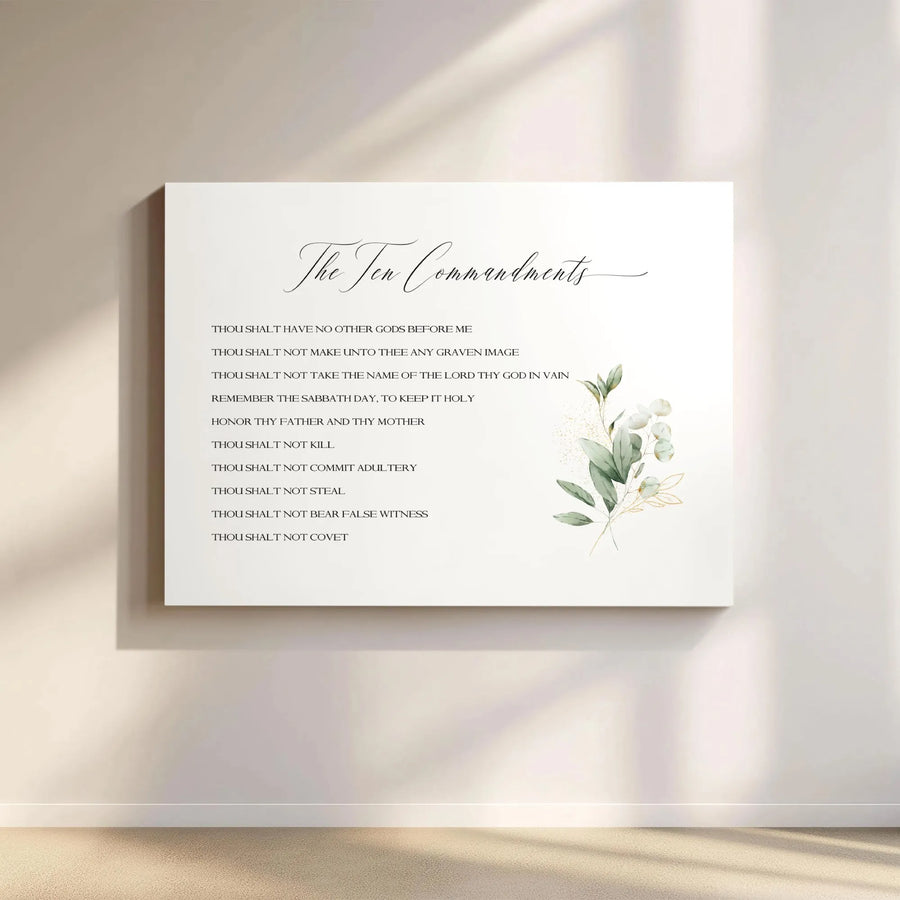 Ten Commandments Wall Art | Minimalist Eucalyptus Scripture Print | Premium Gallery Canvas | Christian Home Decor Gift