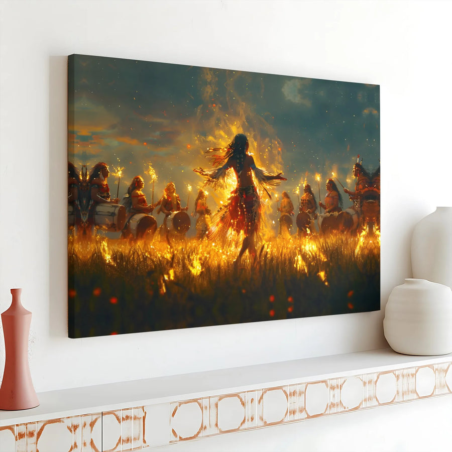 Tribal Fire Dance Canvas Art | Spiritual Ceremony with Drummers | Premium Fade-Resistant Print | Boho & Spiritual Home Decor Gift