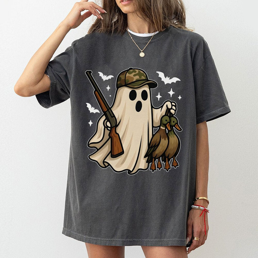 Ghost Duck Hunter T-Shirt | Funny Halloween Camo Hat Graphic | 100% Cotton Premium Tee | Unique Gift for Outdoorsmen and Hunters