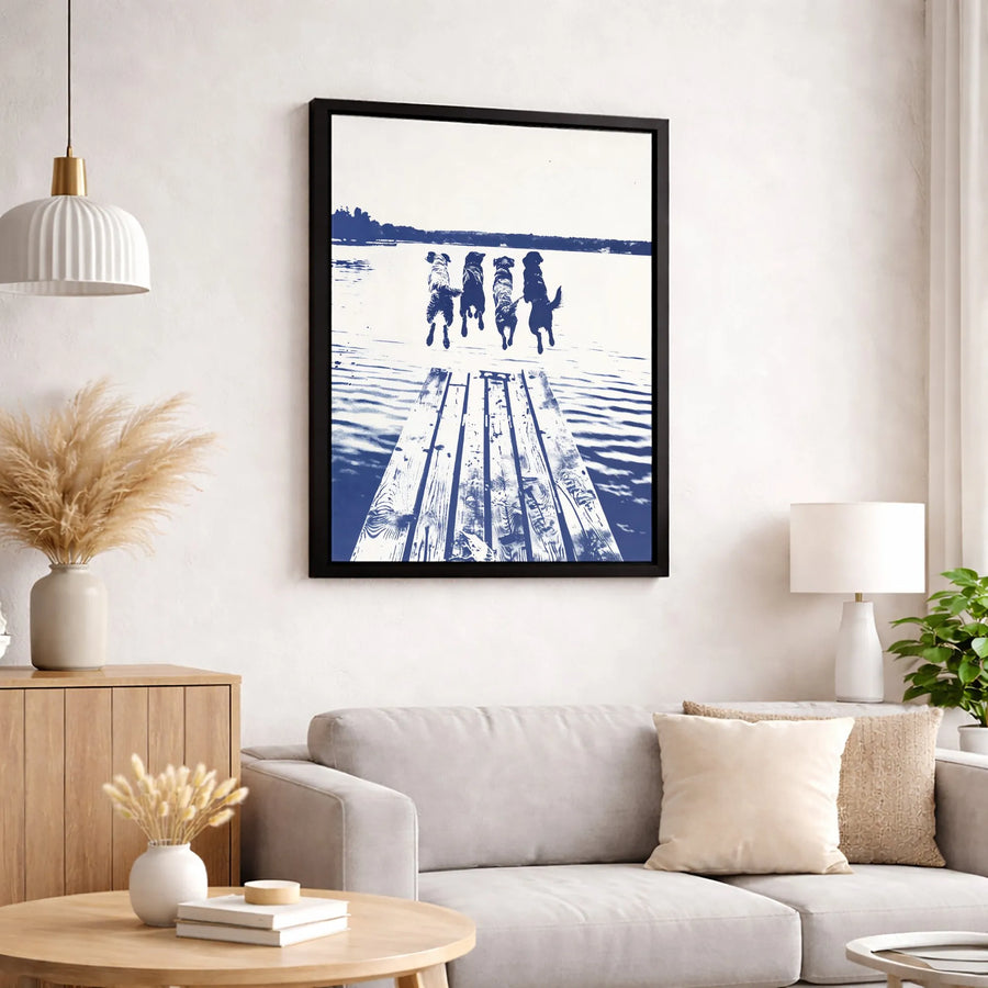 Dog Dock Jumping Wall Art | Four Dogs Silhouette Blue And White Print | Premium Gallery-Wrapped Canvas | Animal Lover Home Decor Gift