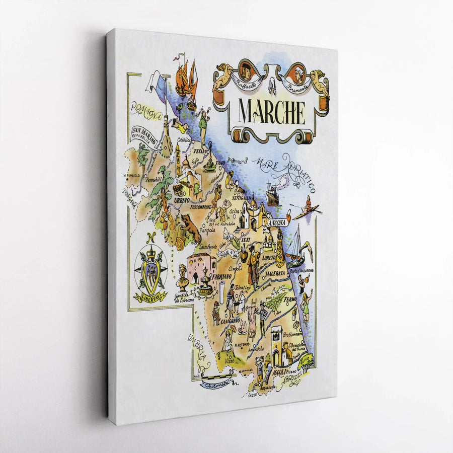 Marche Italy Map Print | Vintage Illustrated Pictorial Art | Gallery Quality Premium Canvas | Travel Lover Home Decor Wall Gift