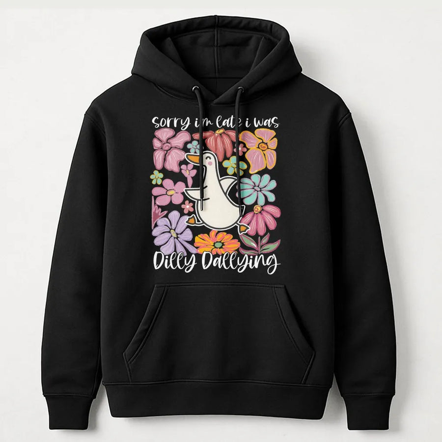 Dilly Dallying Goose Hoodie | Sarcastic Floral Bird Graphic | Soft Cotton-Polyester Blend | Funny Mama Gift for Animal Lovers